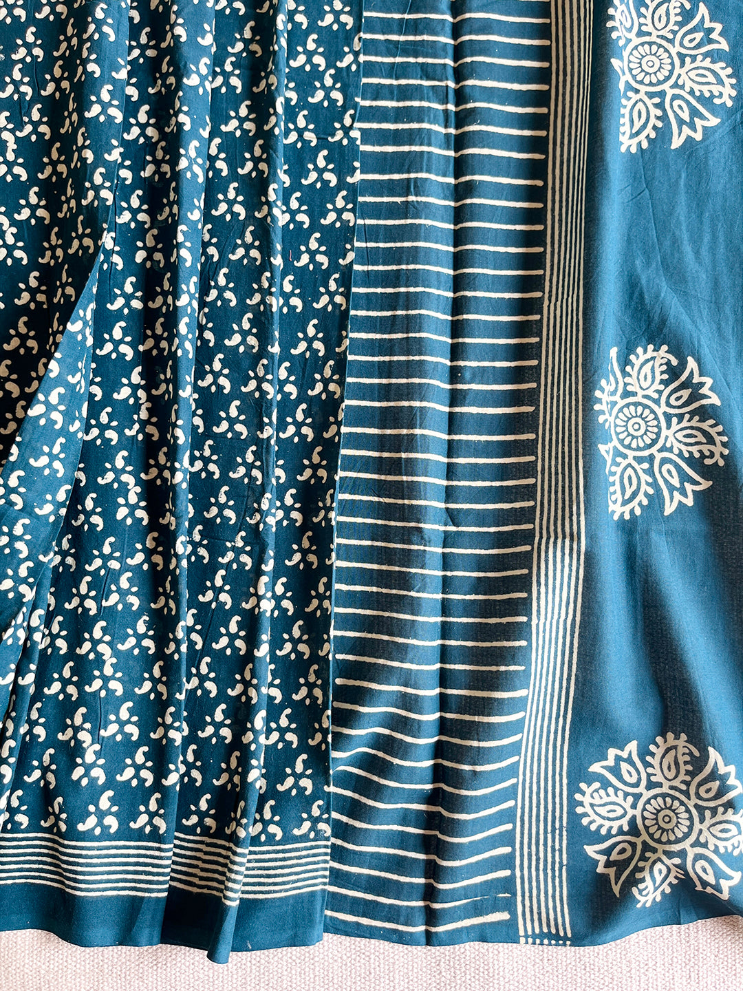 TEAL BLOCK PRINTED TASSELED MULMUL SAREE