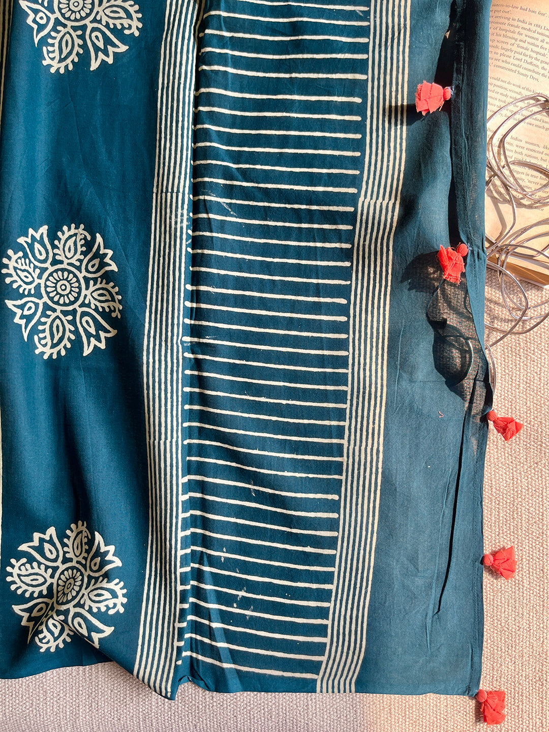 TEAL BLOCK PRINTED TASSELED MULMUL SAREE