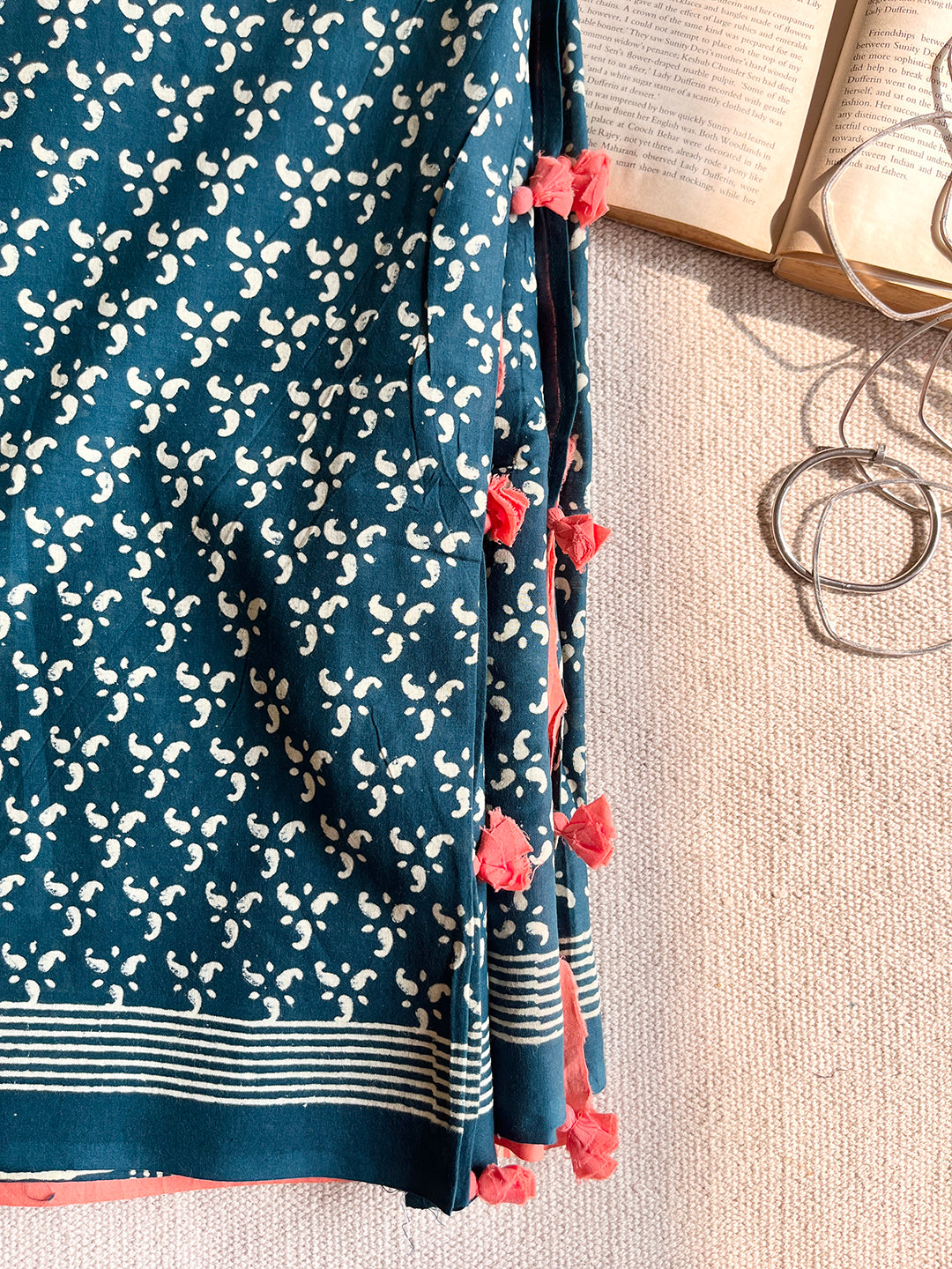 TEAL BLOCK PRINTED TASSELED MULMUL SAREE