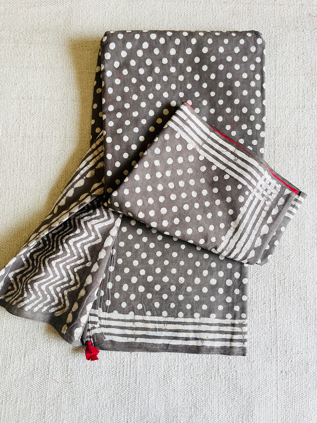 GRAPHITE POLKA DABOO MUD RESIST PRINT MULMUL SAREE