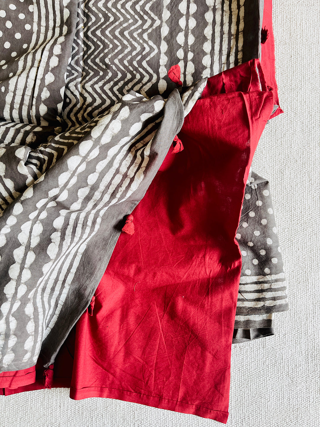 GRAPHITE POLKA DABOO MUD RESIST PRINT MULMUL SAREE