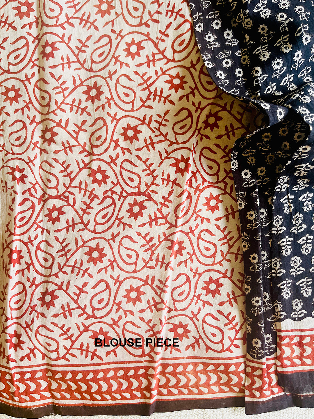 BLACK & RED DITSY FLORAL BLOCK PRINTED MULMUL SAREE