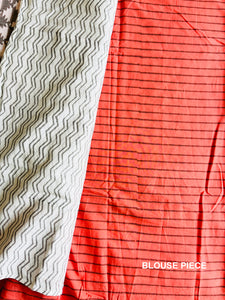OFF-WHITE & CORAL PRINT MIX MULMUL SAREE