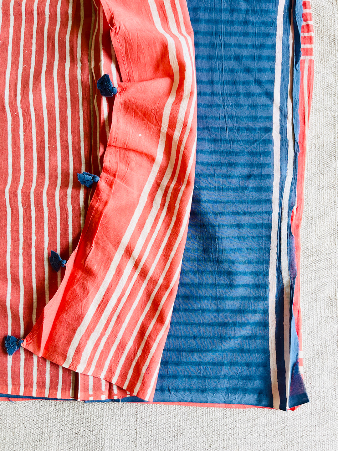 CORAL PLAYFUL STRIPES MULMUL SAREE