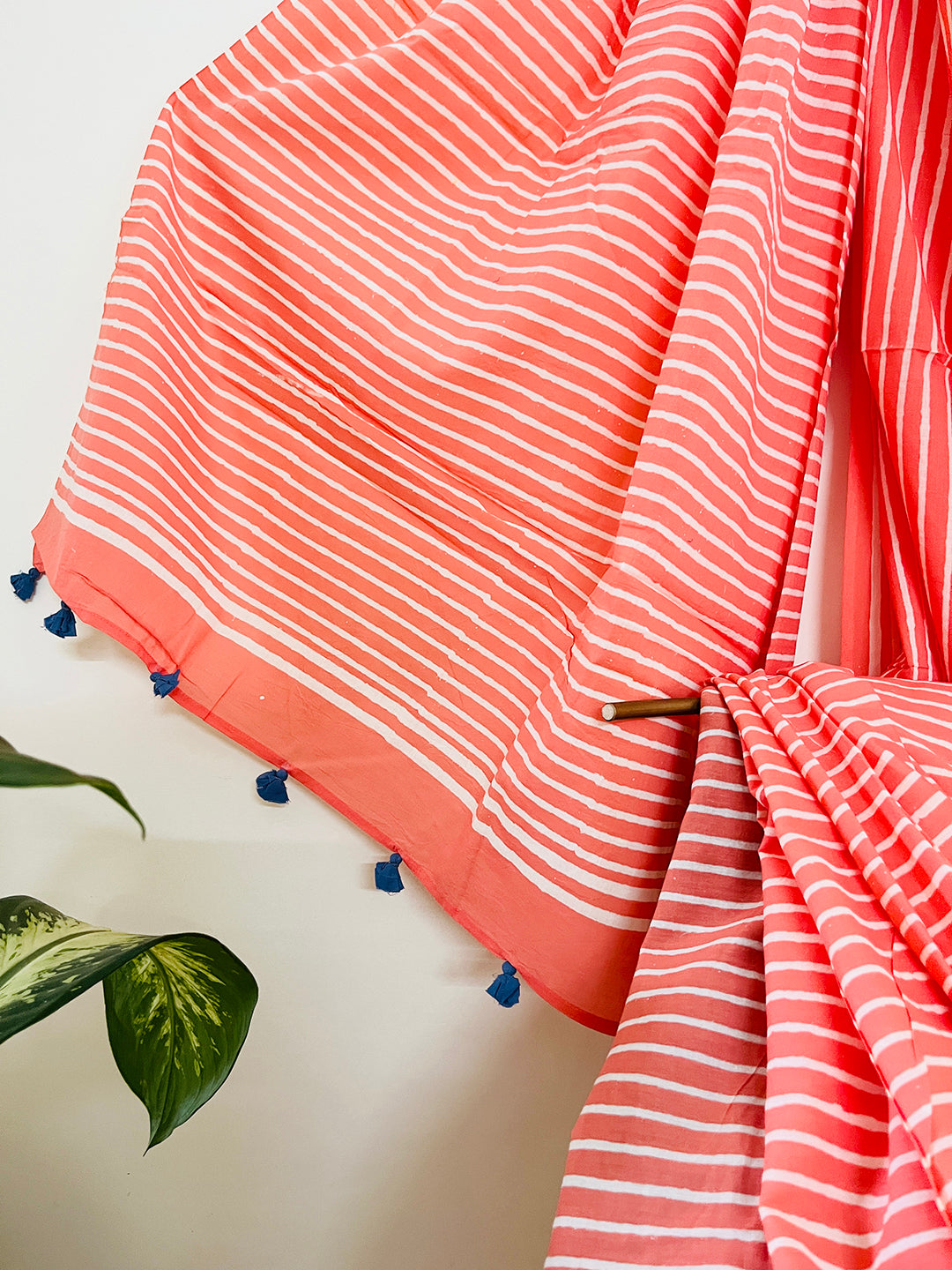 CORAL PLAYFUL STRIPES MULMUL SAREE