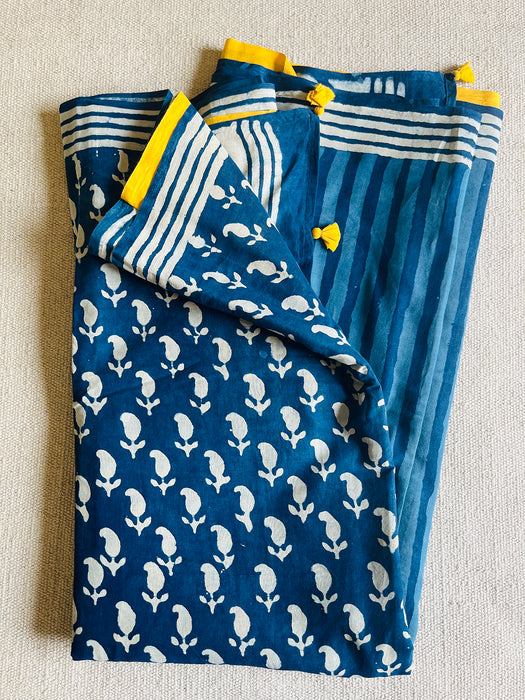 INDIGO PRINT-MIX MULMUL SAREE WITH TASSELS