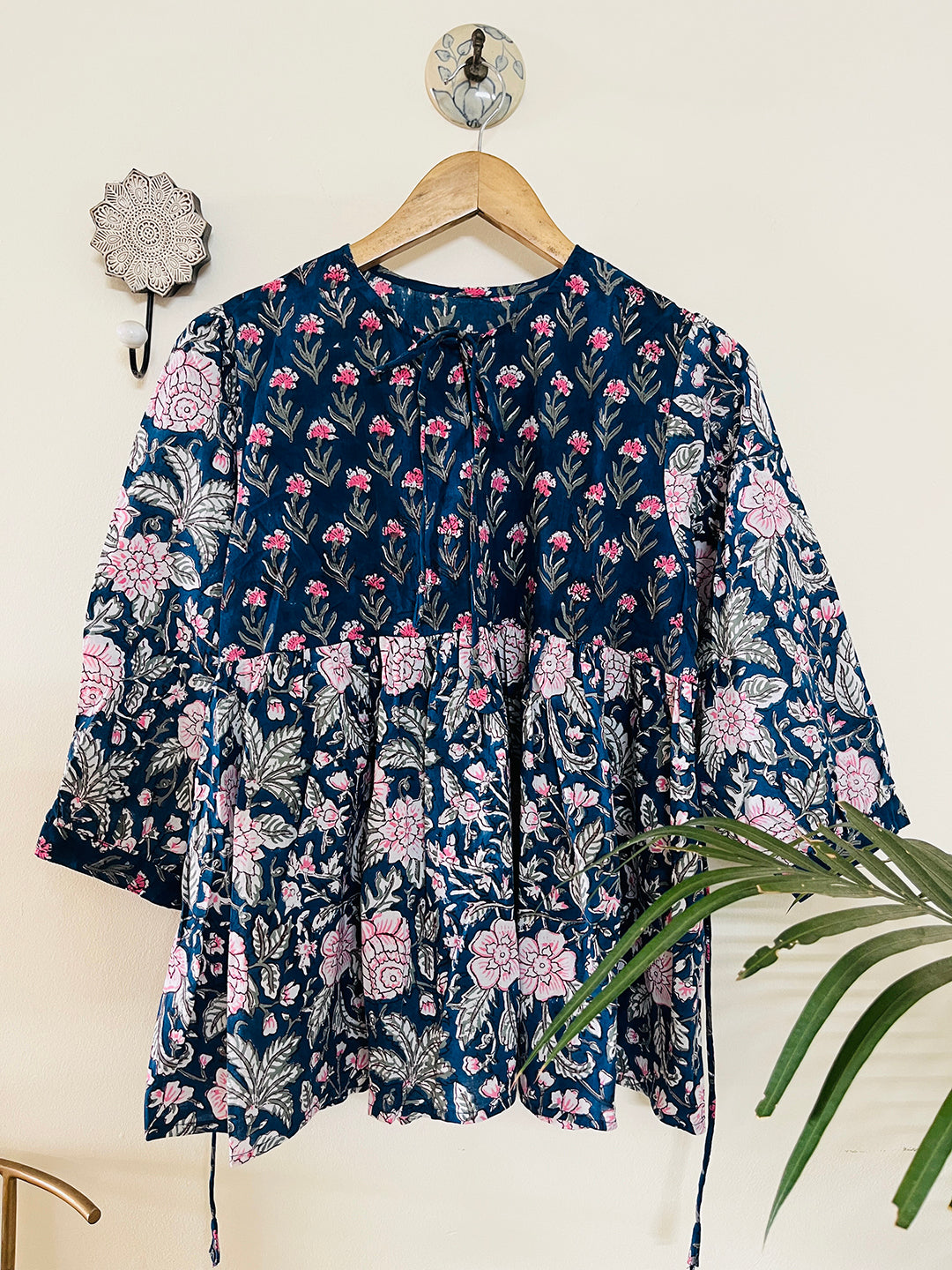 PRINT-MIX HAND BLOCK PRINTED COTTON TOP- DEEP TEAL