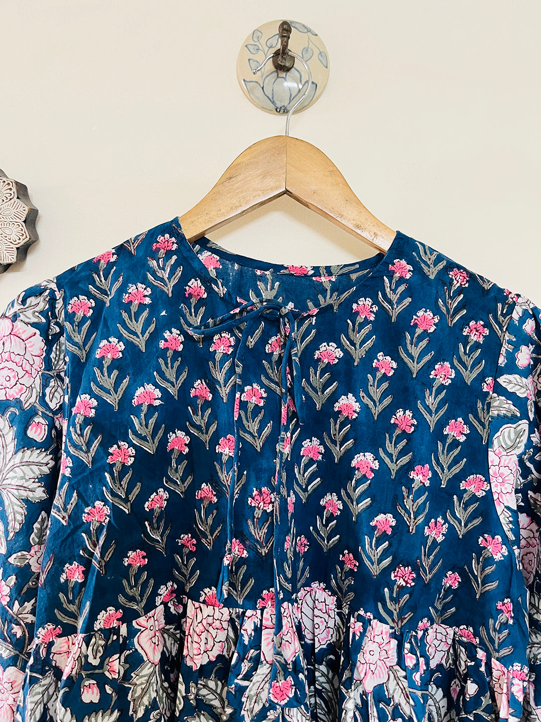 PRINT-MIX HAND BLOCK PRINTED COTTON TOP- DEEP TEAL