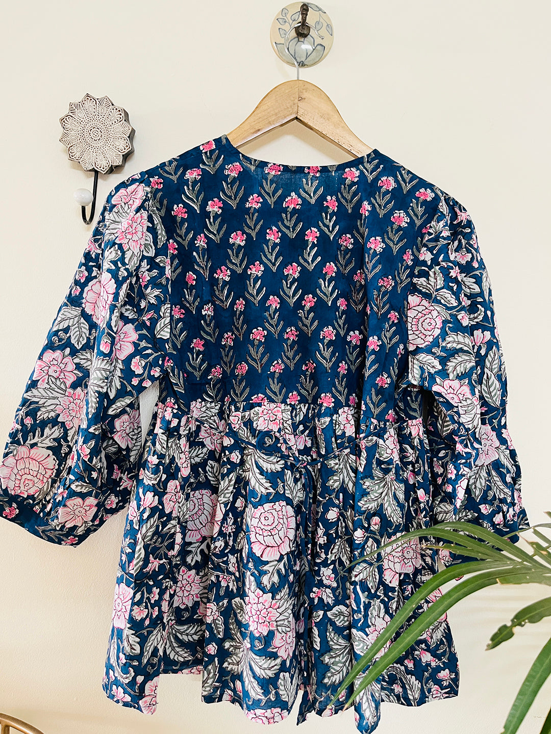 PRINT-MIX HAND BLOCK PRINTED COTTON TOP- DEEP TEAL