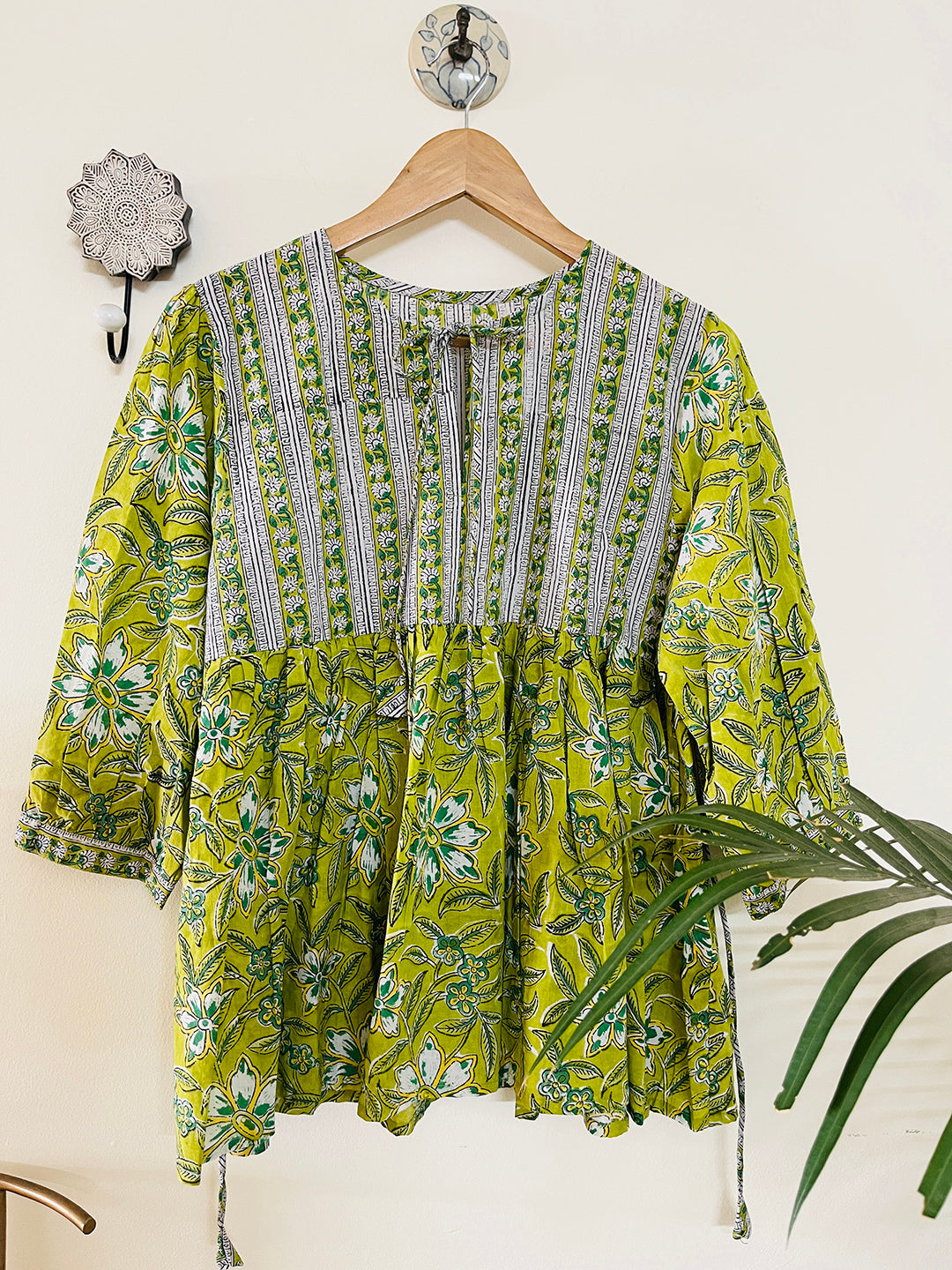PRINT-MIX HAND BLOCK PRINTED COTTON TOP- LIME GREEN
