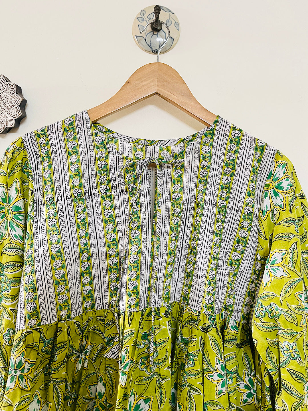 PRINT-MIX HAND BLOCK PRINTED COTTON TOP- LIME GREEN