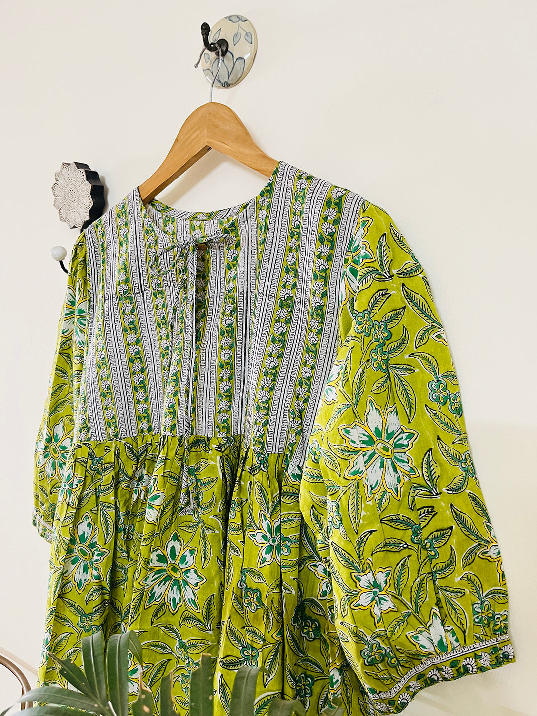 PRINT-MIX HAND BLOCK PRINTED COTTON TOP- LIME GREEN