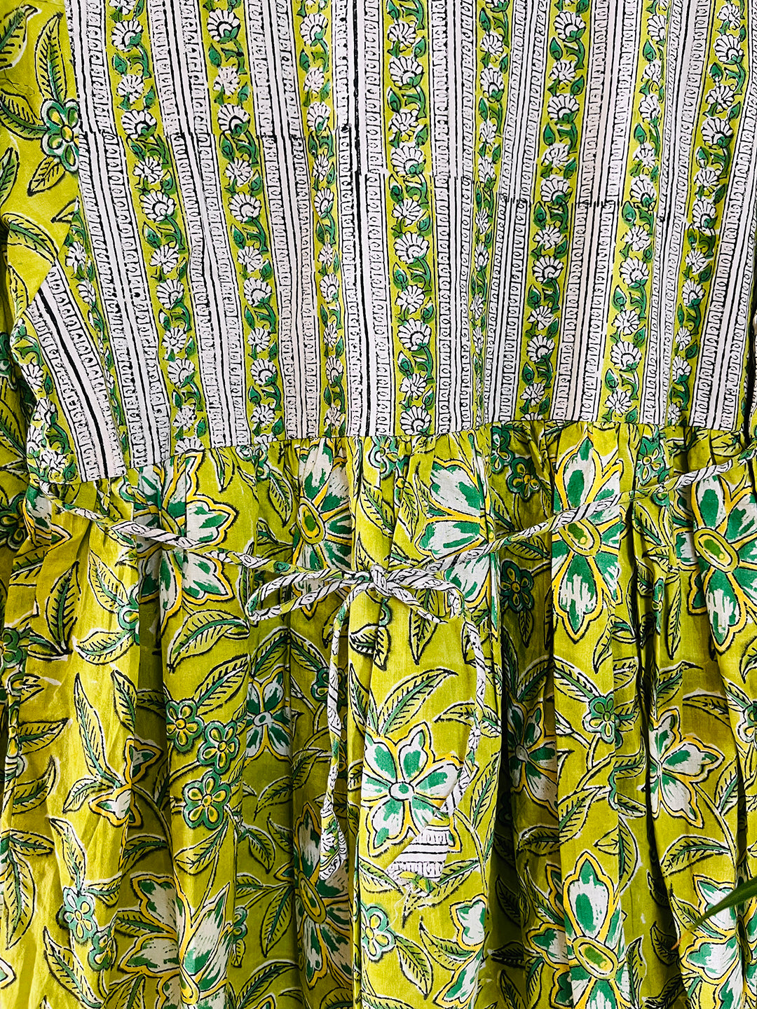 PRINT-MIX HAND BLOCK PRINTED COTTON TOP- LIME GREEN