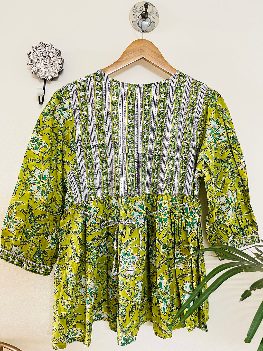 PRINT-MIX HAND BLOCK PRINTED COTTON TOP- LIME GREEN