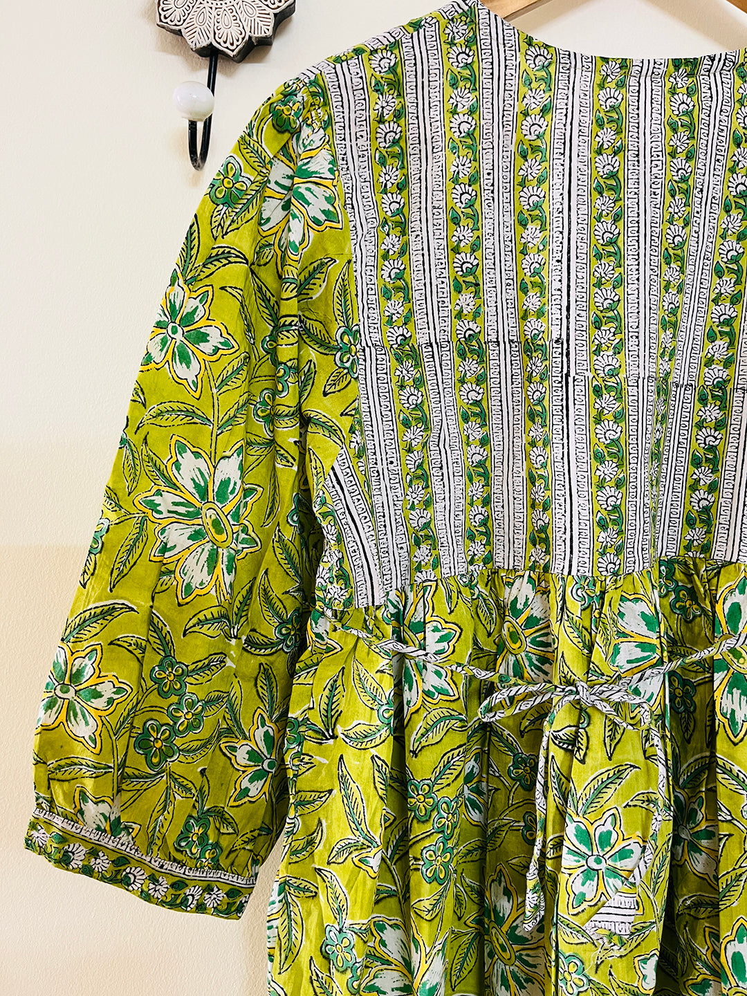 PRINT-MIX HAND BLOCK PRINTED COTTON TOP- LIME GREEN
