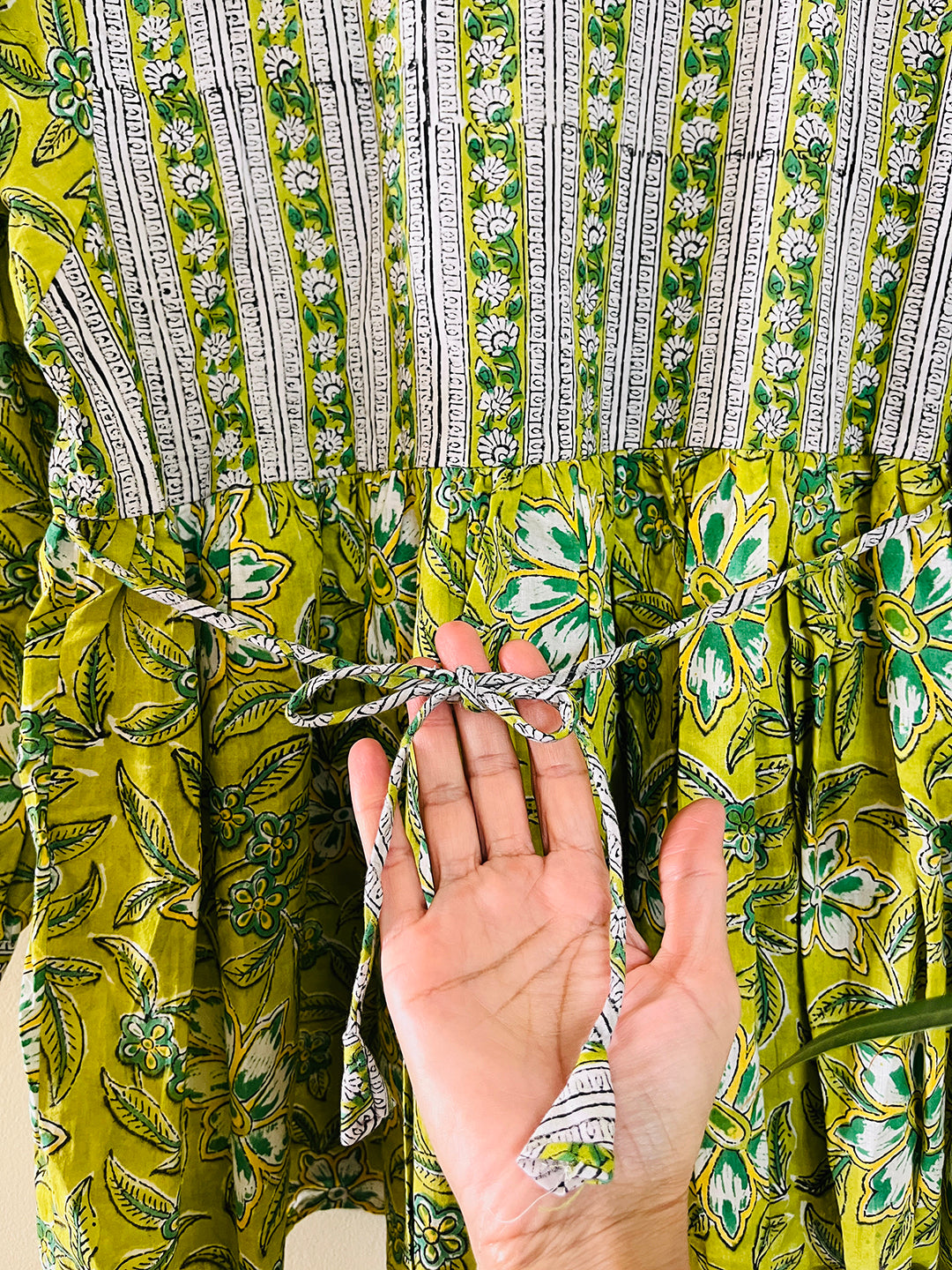 PRINT-MIX HAND BLOCK PRINTED COTTON TOP- LIME GREEN