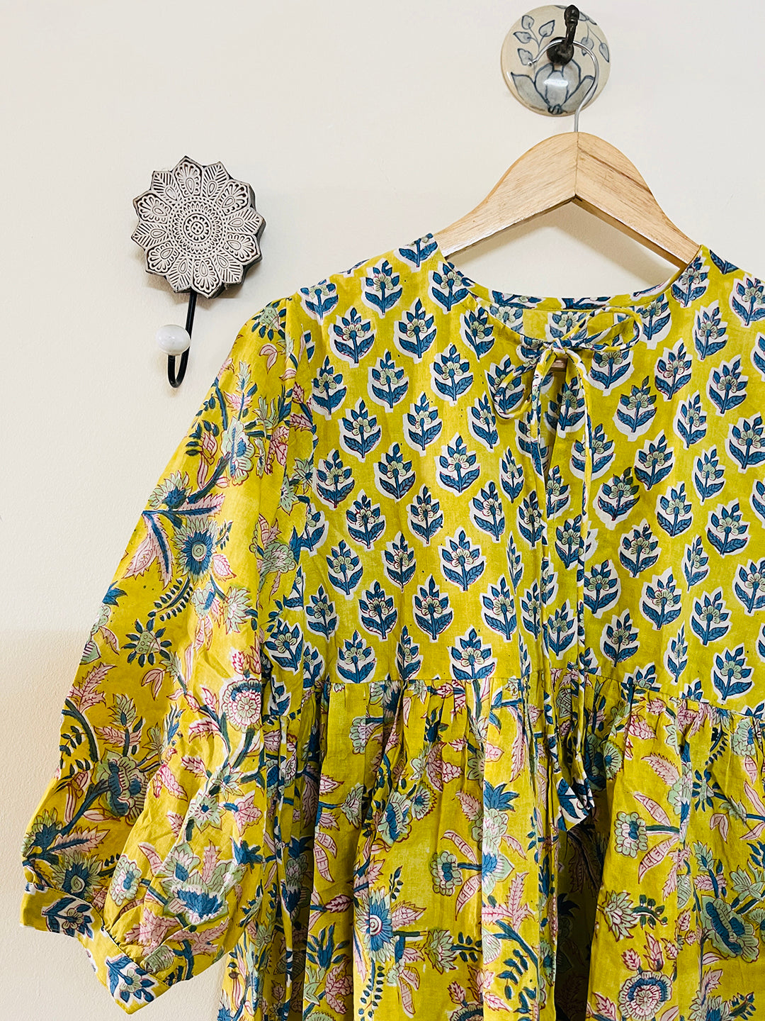 PRINT-MIX HAND BLOCK PRINTED COTTON TOP-LIME YELLOW