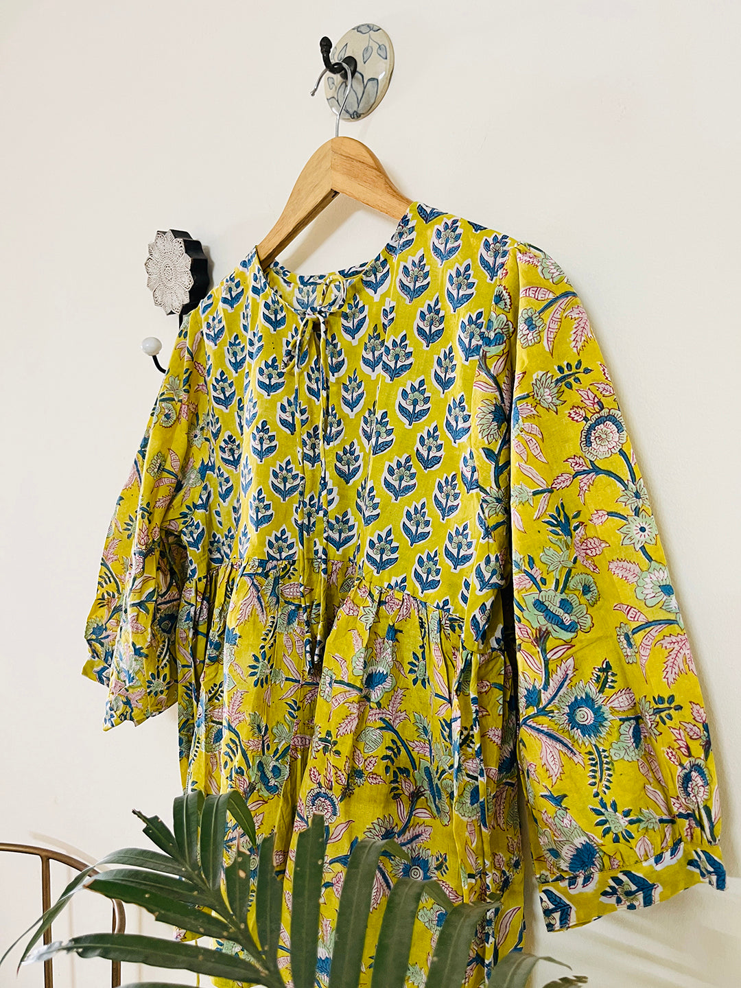 PRINT-MIX HAND BLOCK PRINTED COTTON TOP-LIME YELLOW
