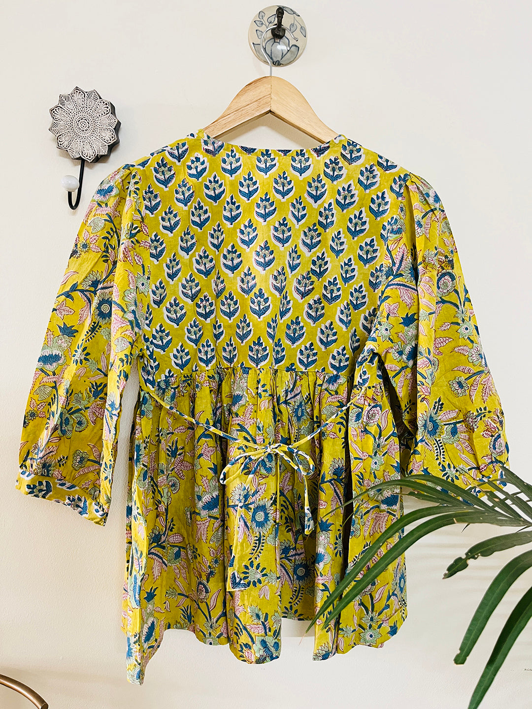 PRINT-MIX HAND BLOCK PRINTED COTTON TOP-LIME YELLOW