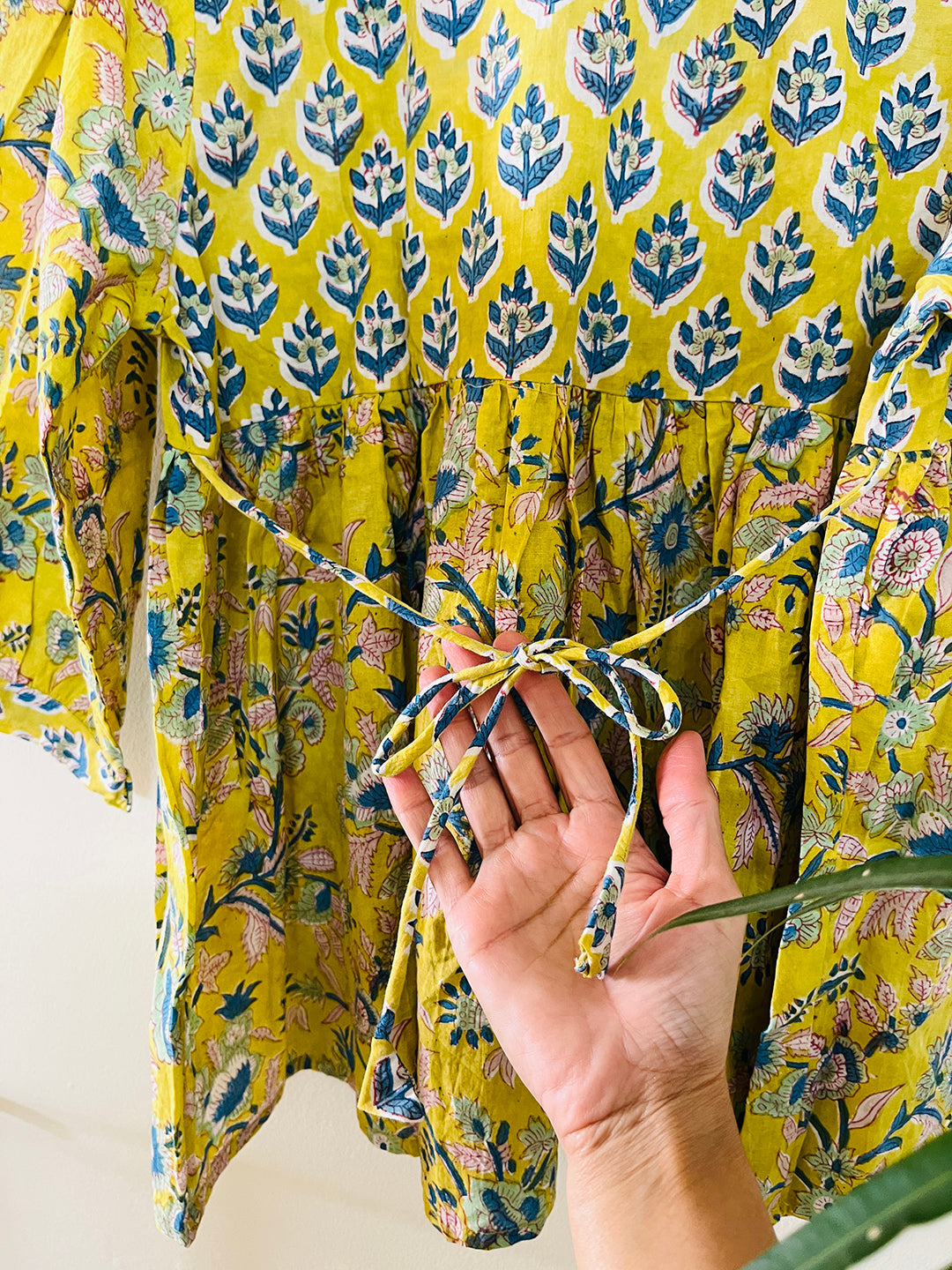 PRINT-MIX HAND BLOCK PRINTED COTTON TOP-LIME YELLOW