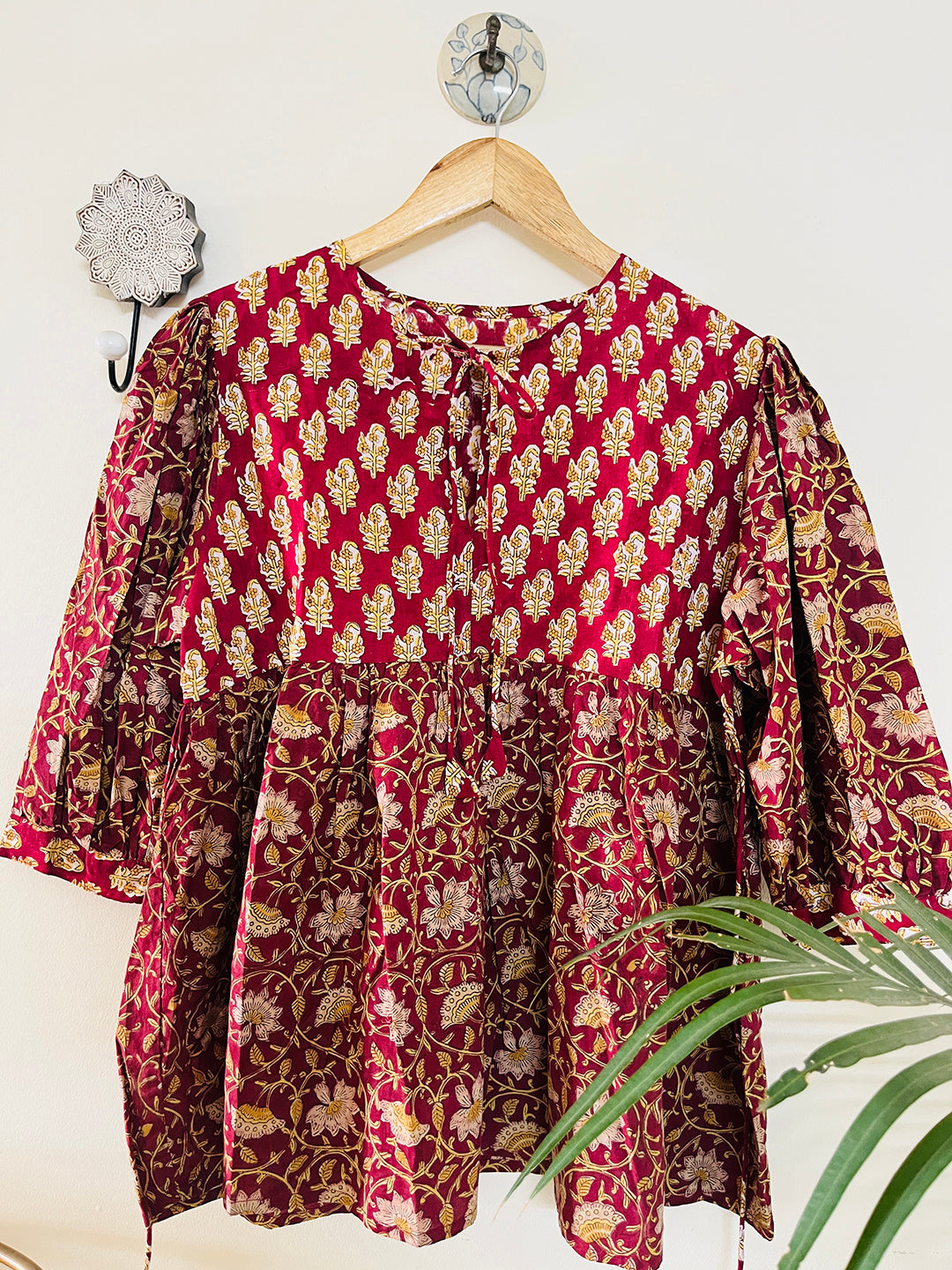 PRINT-MIX HAND BLOCK PRINTED COTTON TOP- MAROON