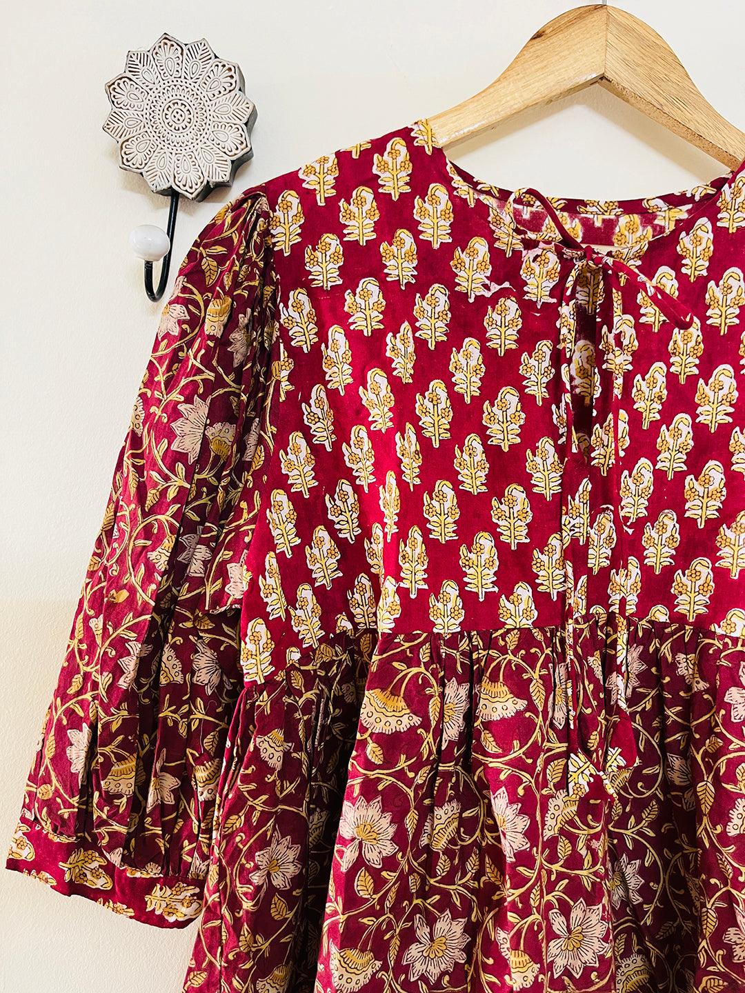 PRINT-MIX HAND BLOCK PRINTED COTTON TOP- MAROON