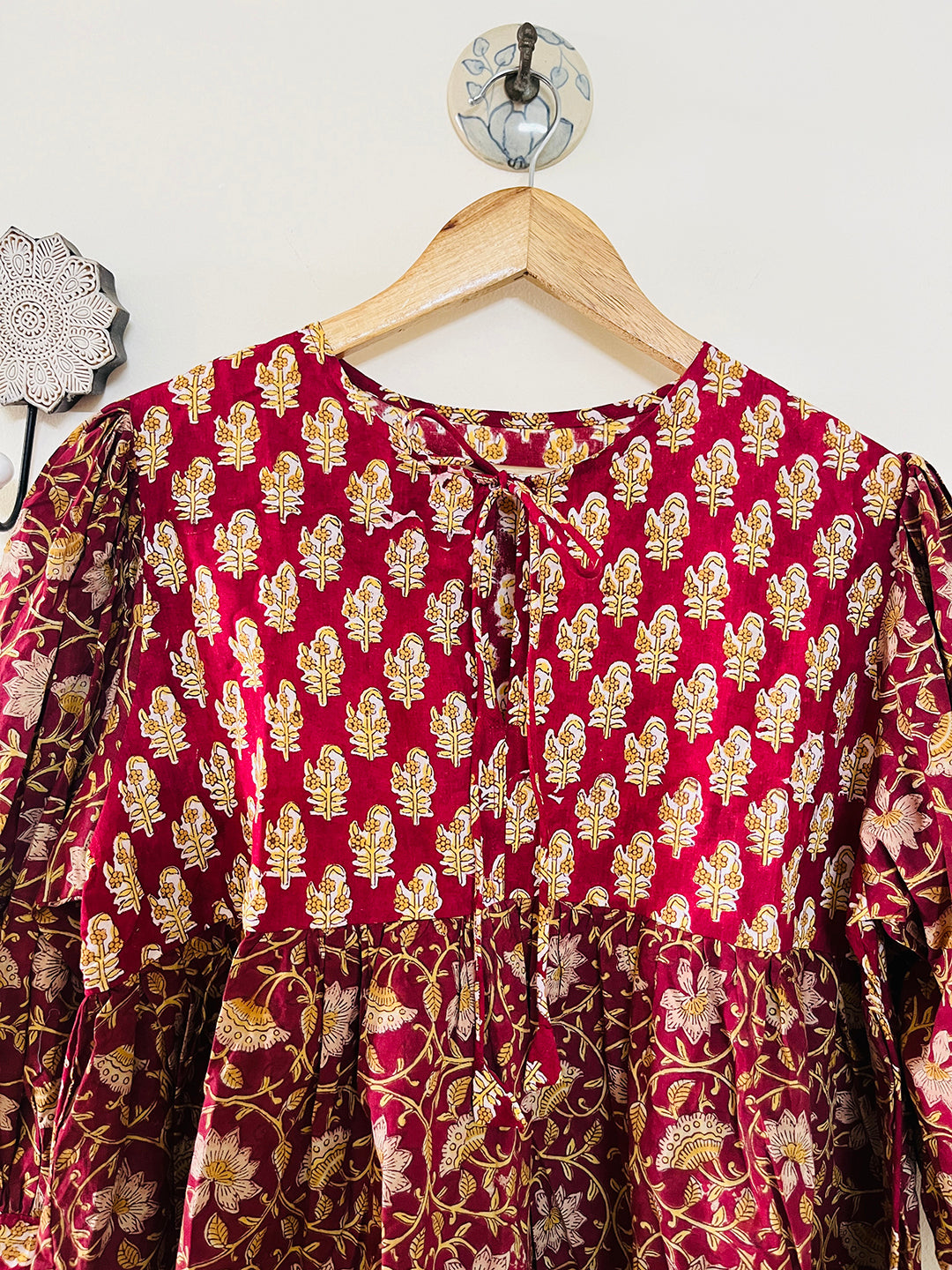 PRINT-MIX HAND BLOCK PRINTED COTTON TOP- MAROON