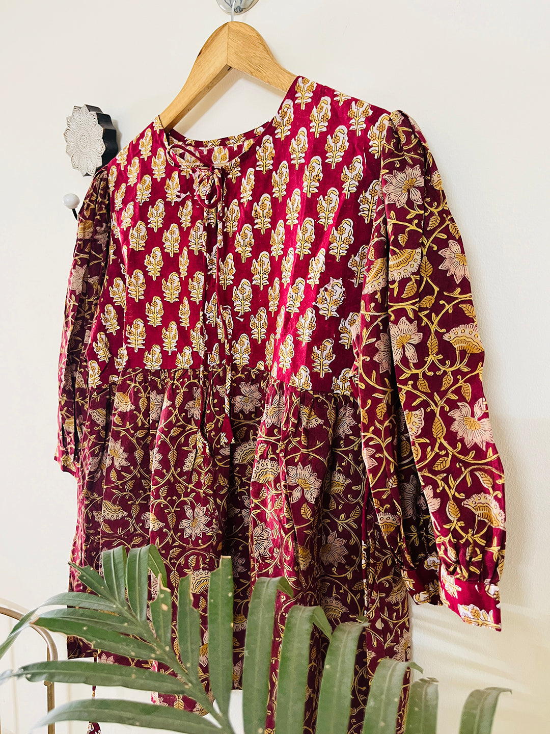 PRINT-MIX HAND BLOCK PRINTED COTTON TOP- MAROON