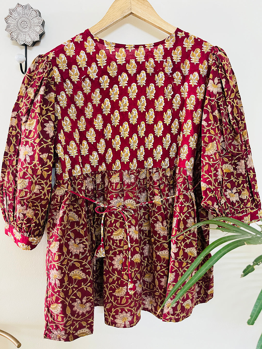 PRINT-MIX HAND BLOCK PRINTED COTTON TOP- MAROON