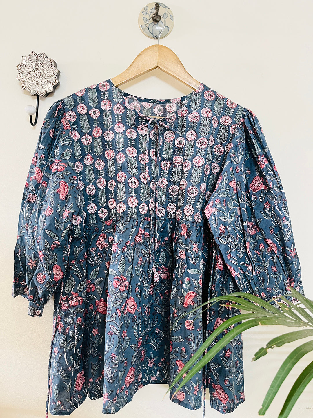 PRINT-MIX HAND BLOCK PRINTED COTTON TOP-DUSTY TEAL