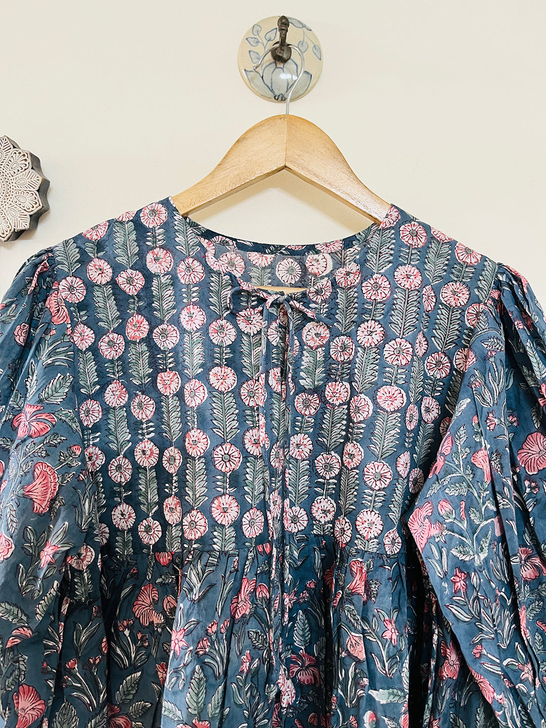 PRINT-MIX HAND BLOCK PRINTED COTTON TOP-DUSTY TEAL