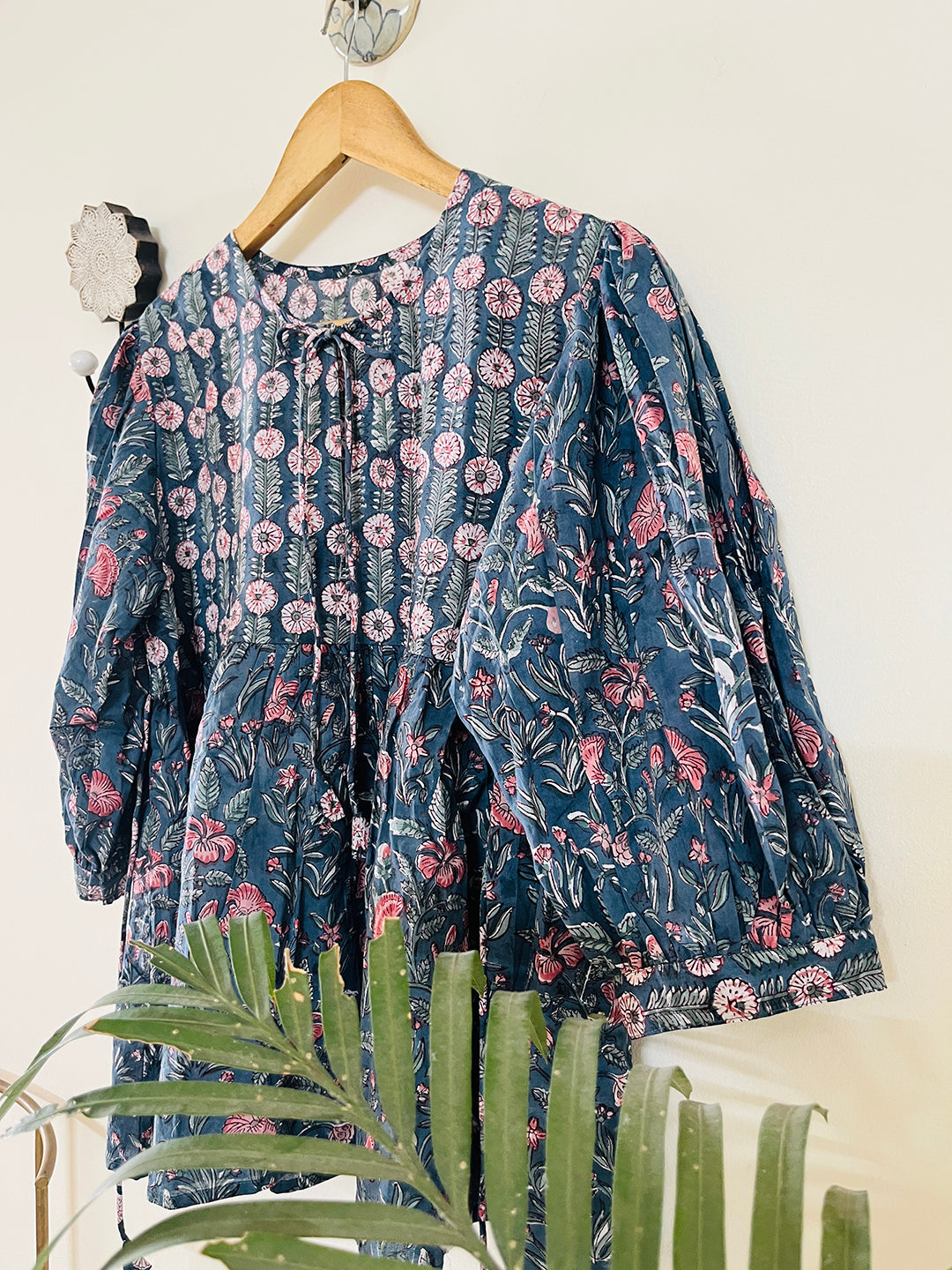 PRINT-MIX HAND BLOCK PRINTED COTTON TOP-DUSTY TEAL