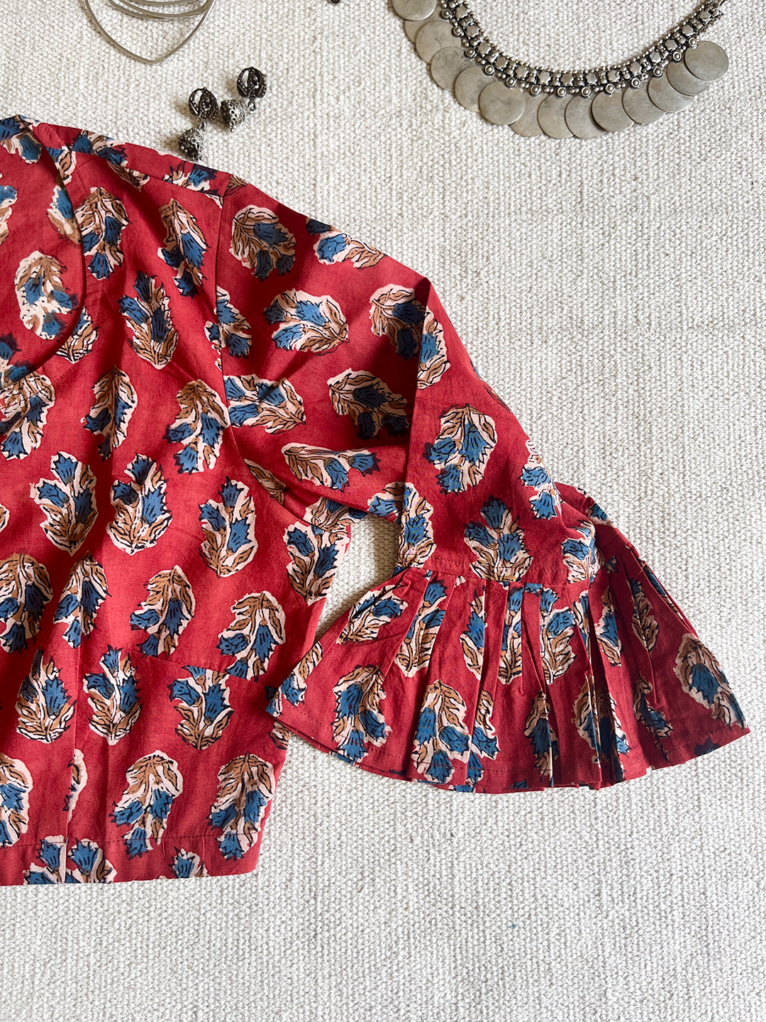 DEEP-RED COTTON HAND-BLOCK PRINTED BLOUSE