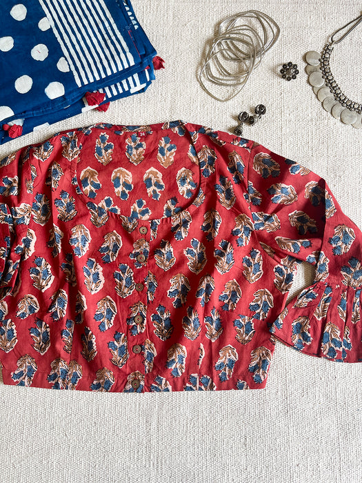 DEEP-RED COTTON HAND-BLOCK PRINTED BLOUSE