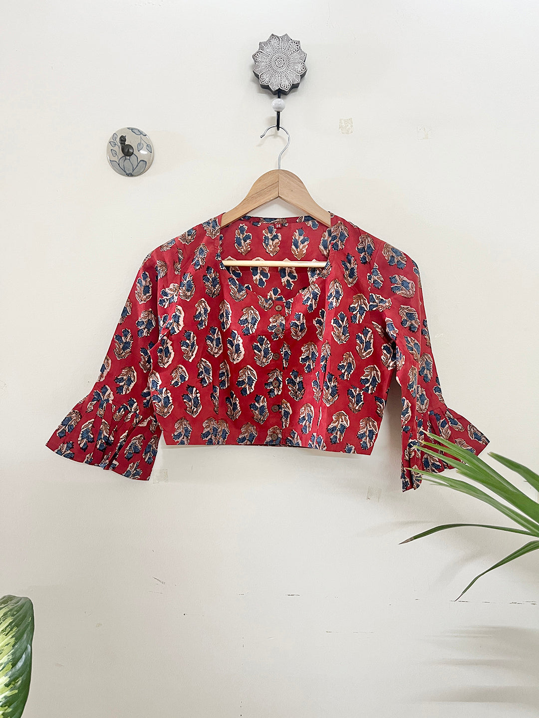 DEEP-RED COTTON HAND-BLOCK PRINTED BLOUSE