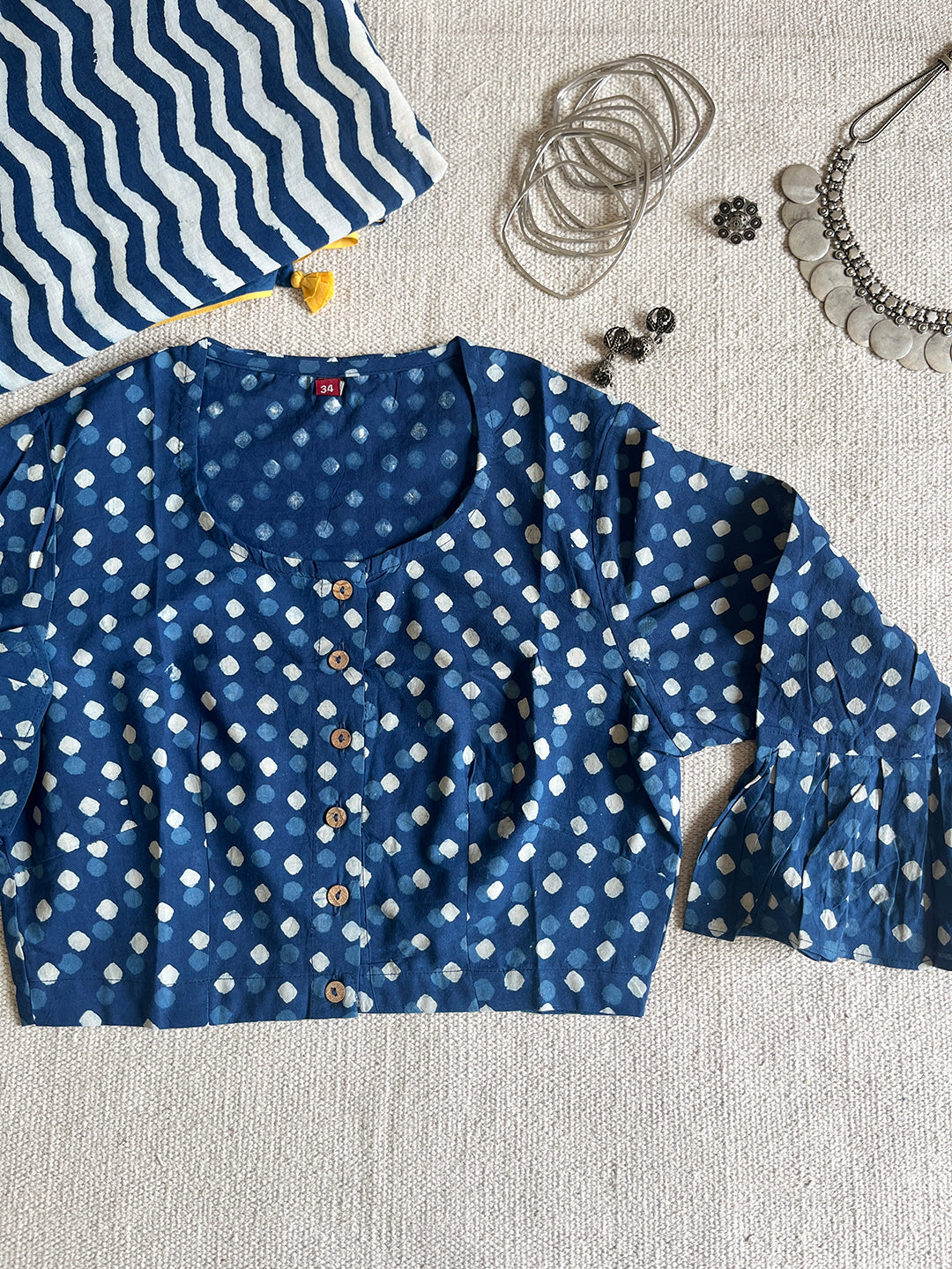 INDIGO & WHITE HAND-BLOCK PRINTED COTTON BLOUSE