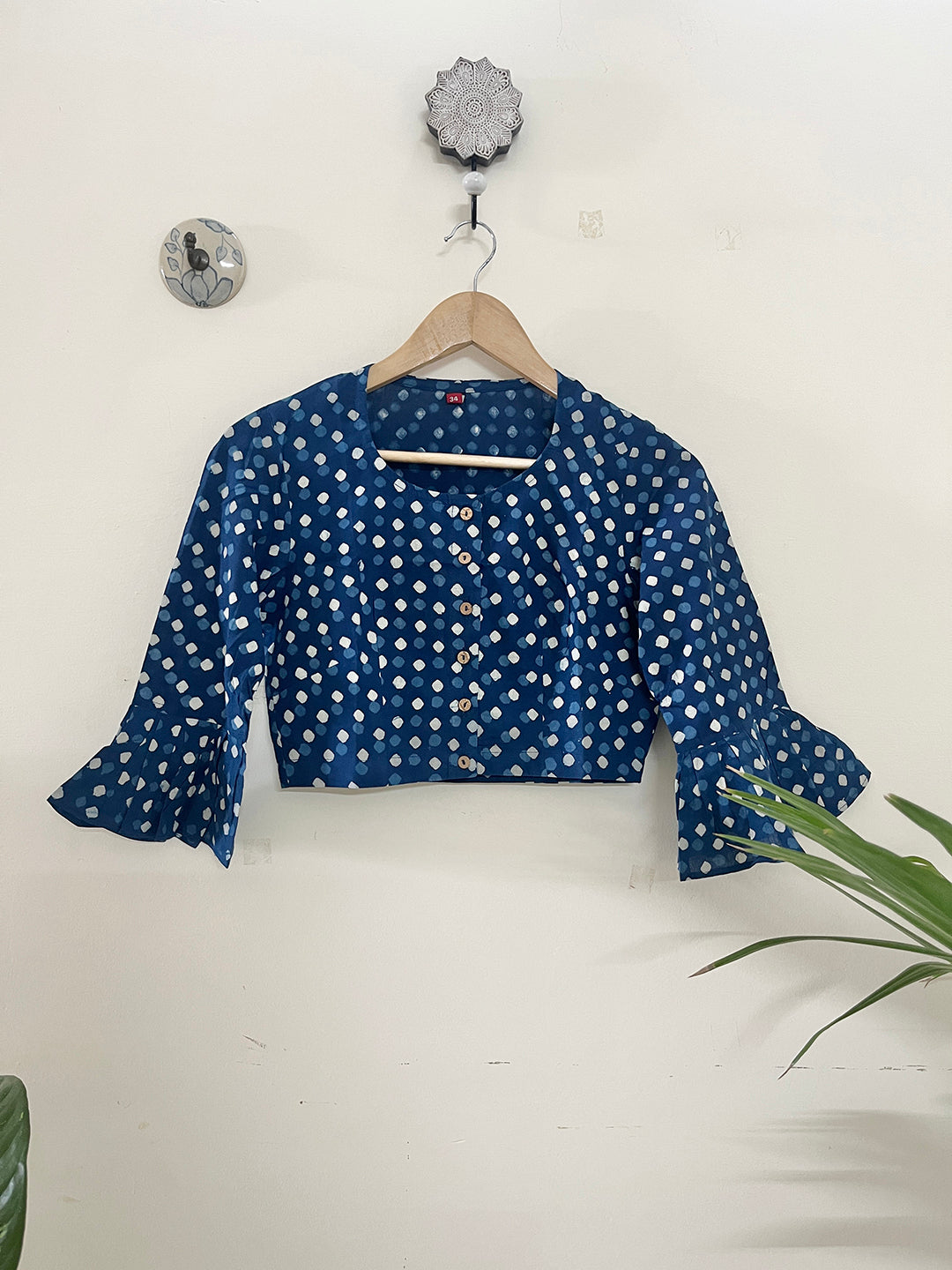 INDIGO & WHITE HAND-BLOCK PRINTED COTTON BLOUSE