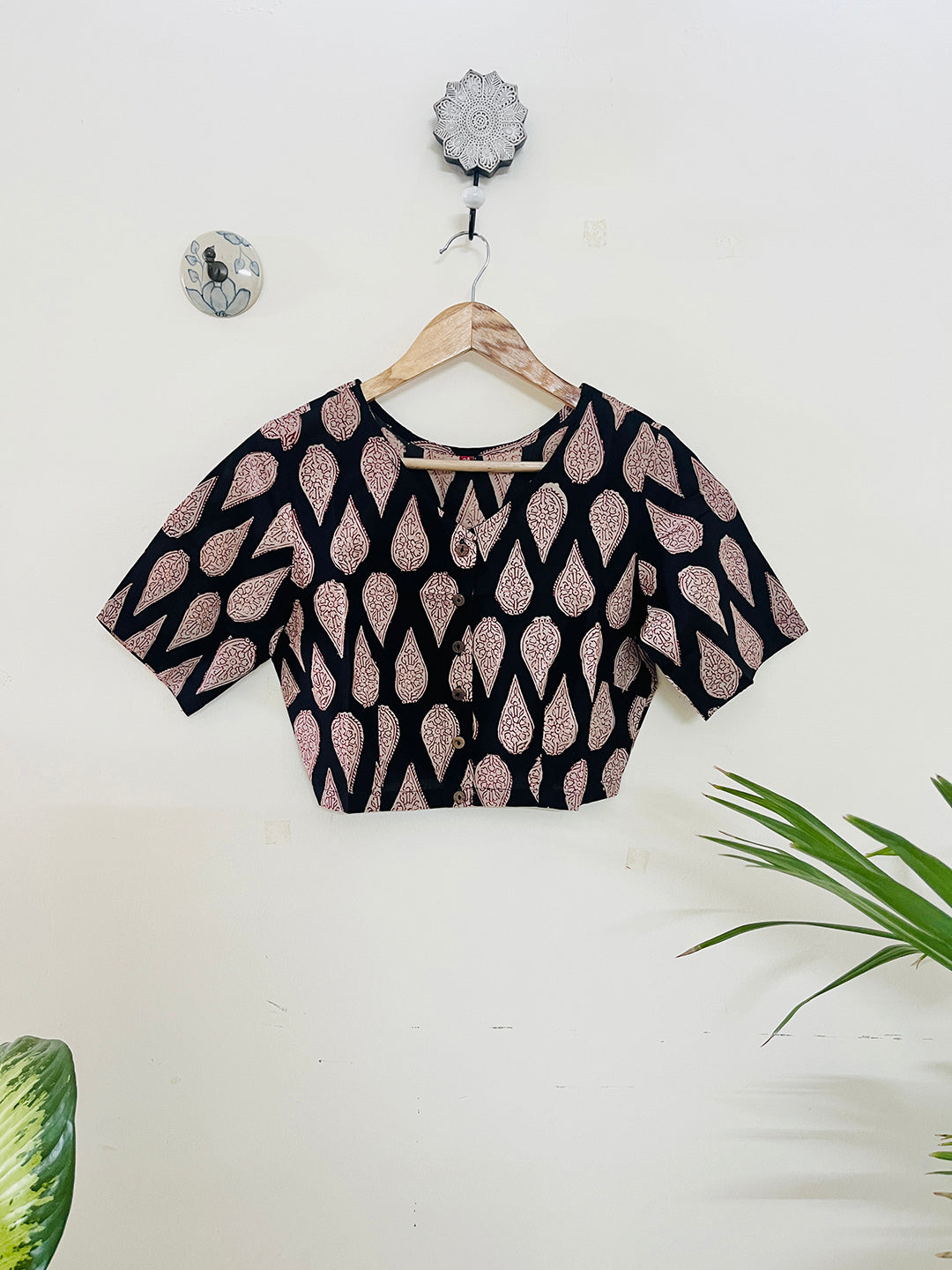 BLACK V-NECK COTTON HAND-BLOCK PRINTED BLOUSE