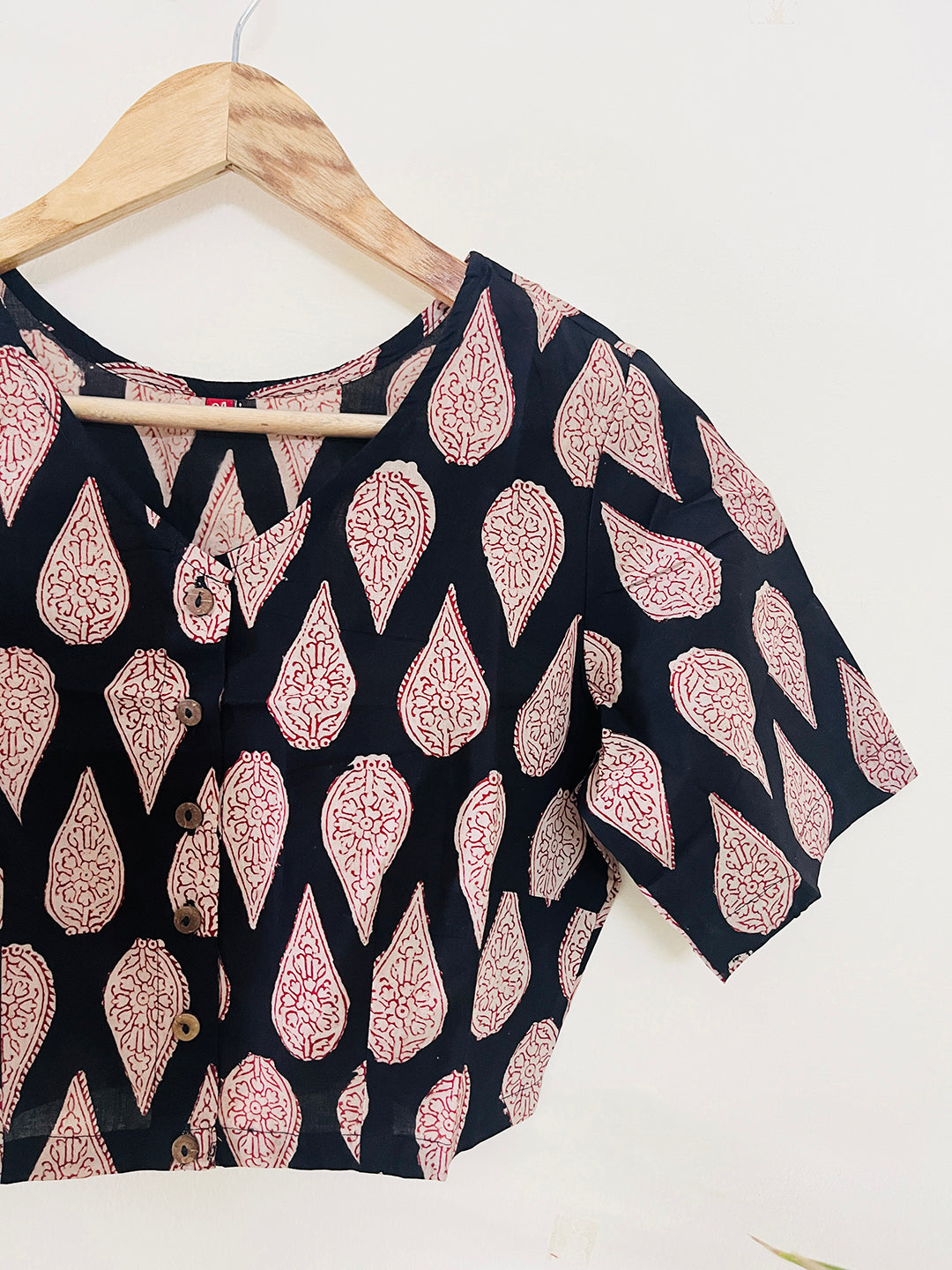 BLACK V-NECK COTTON HAND-BLOCK PRINTED BLOUSE