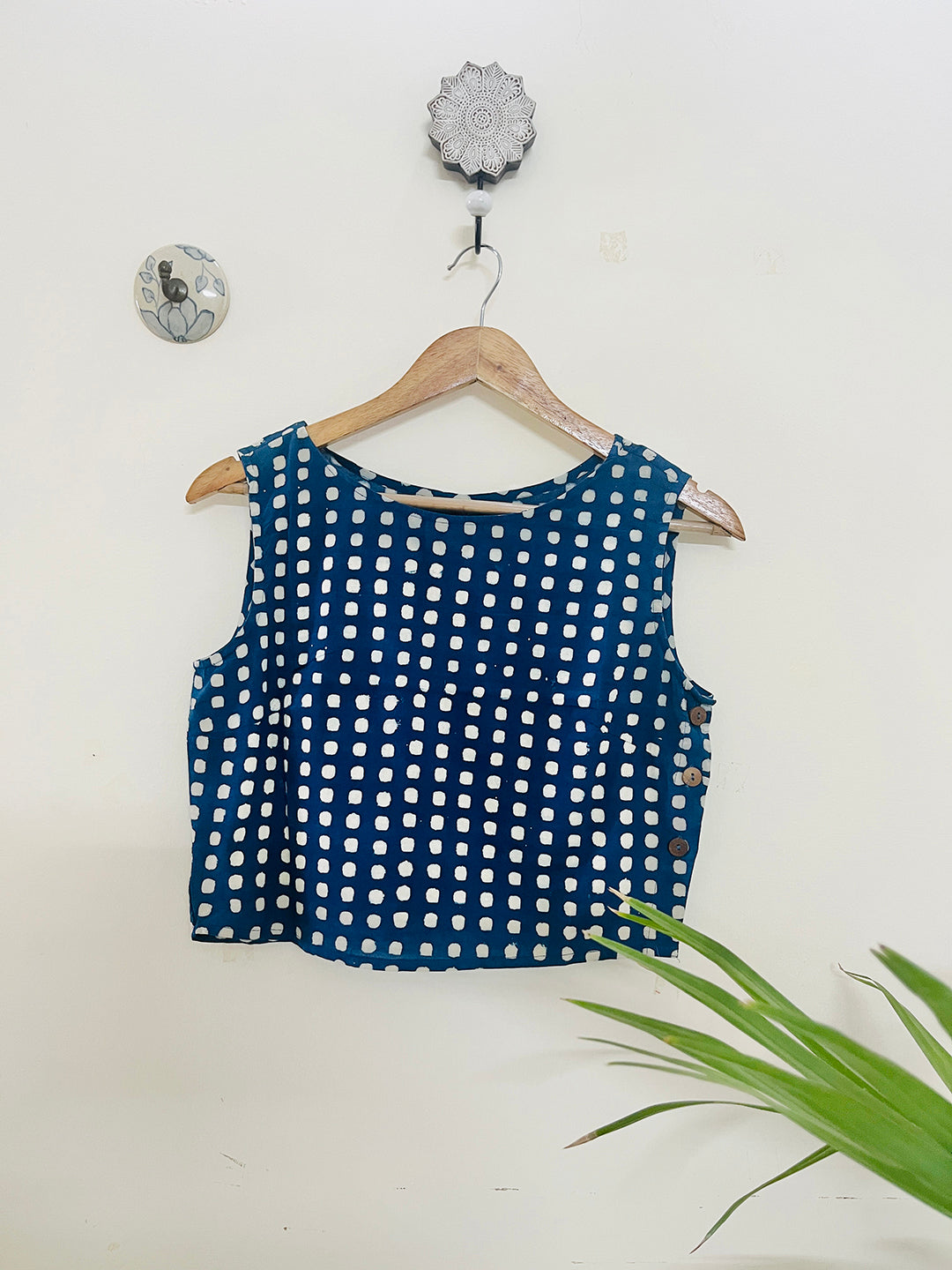 INDIGO SQUARE PRINT COTTON BLOUSE
