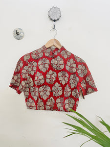 RED MANDARIN COLLAR COTTON BLOUSE