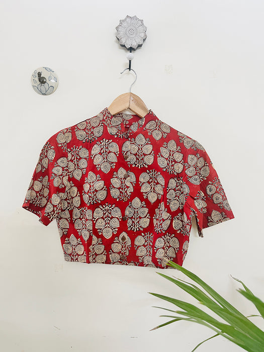 RED MANDARIN COLLAR COTTON BLOUSE