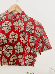 RED MANDARIN COLLAR COTTON BLOUSE