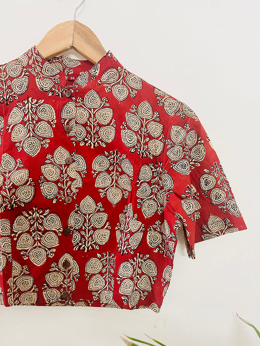RED MANDARIN COLLAR COTTON BLOUSE