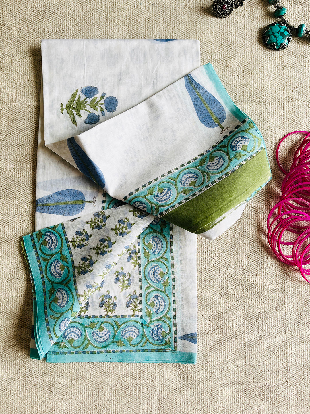 CHANDERI OFF-WHITE & BLUE MUGHAL BOOTI DUPATTA