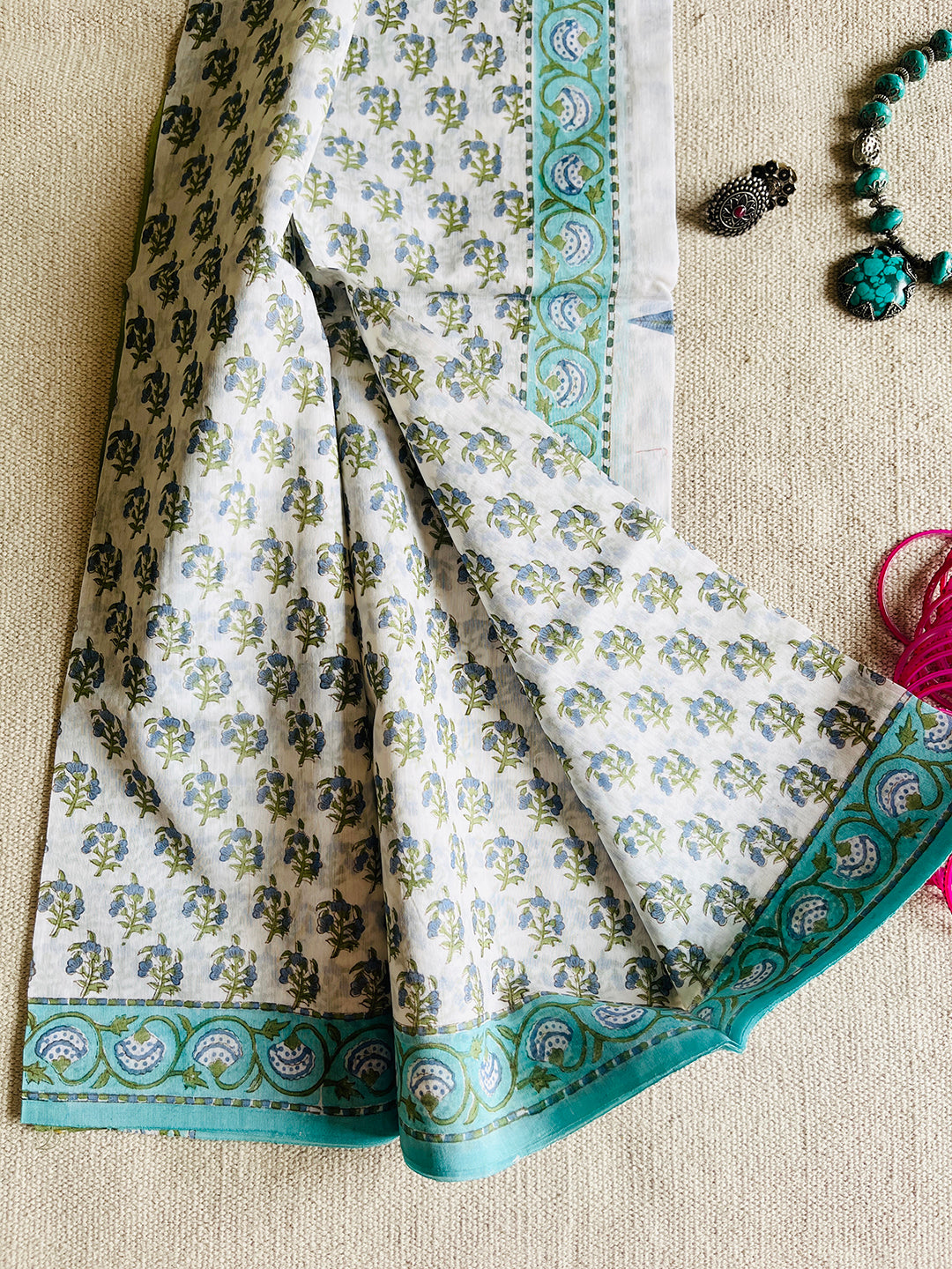 CHANDERI OFF-WHITE & BLUE MUGHAL BOOTI DUPATTA