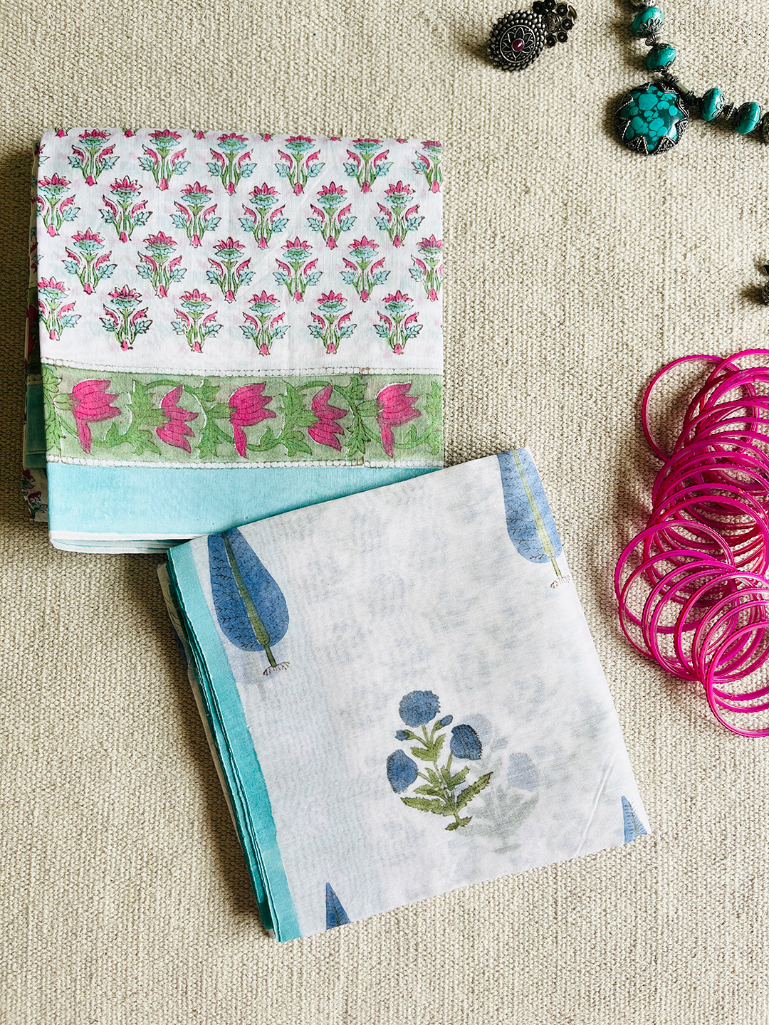 CHANDERI OFF-WHITE & BLUE MUGHAL BOOTI DUPATTA