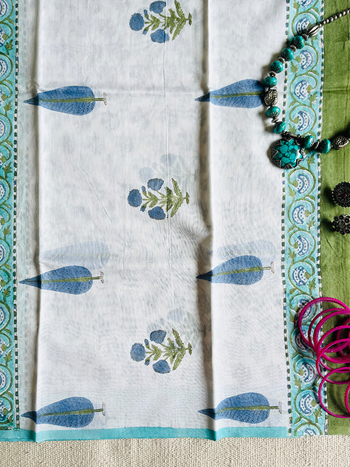 CHANDERI OFF-WHITE & BLUE MUGHAL BOOTI DUPATTA