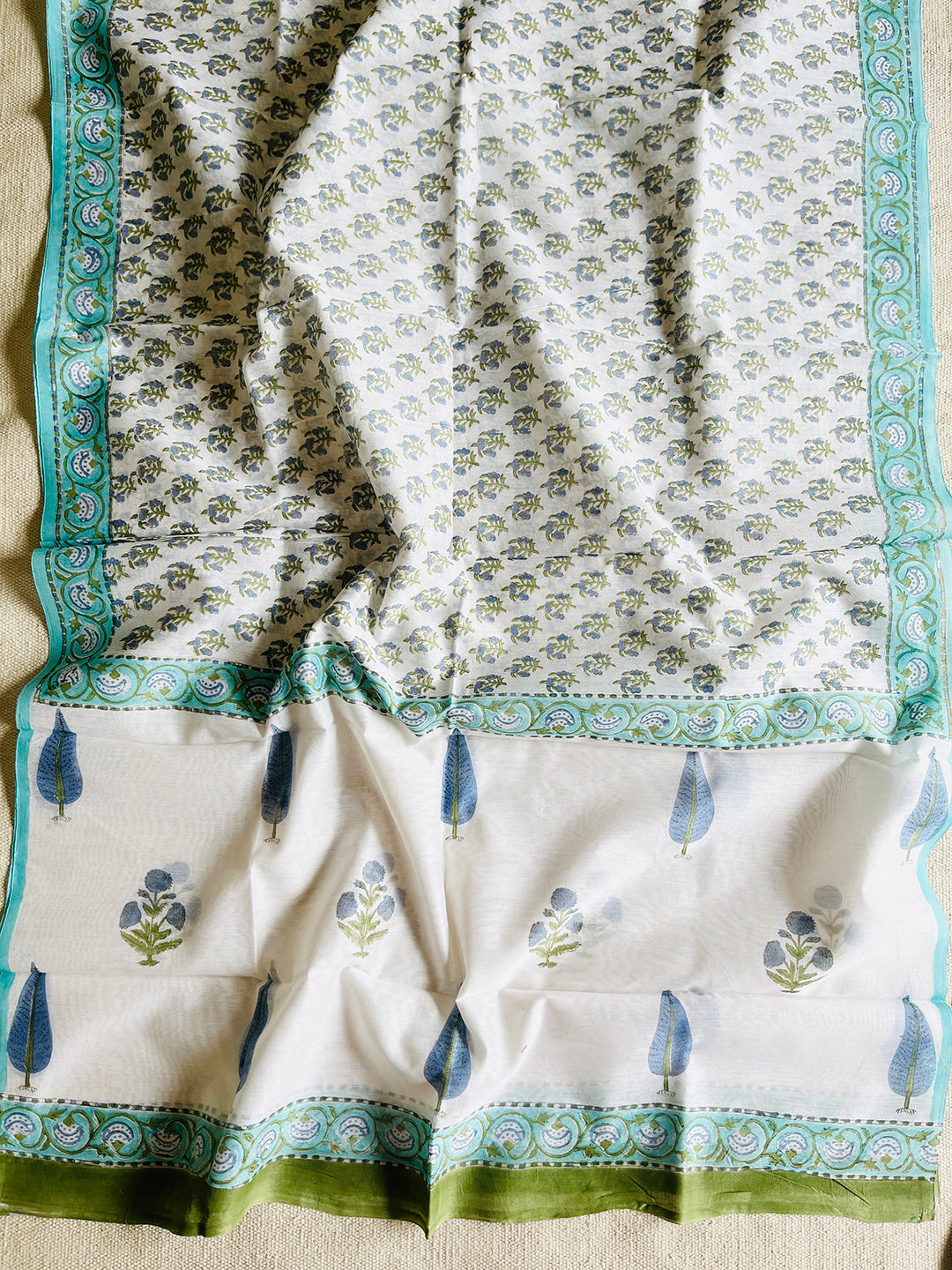 CHANDERI OFF-WHITE & BLUE MUGHAL BOOTI DUPATTA