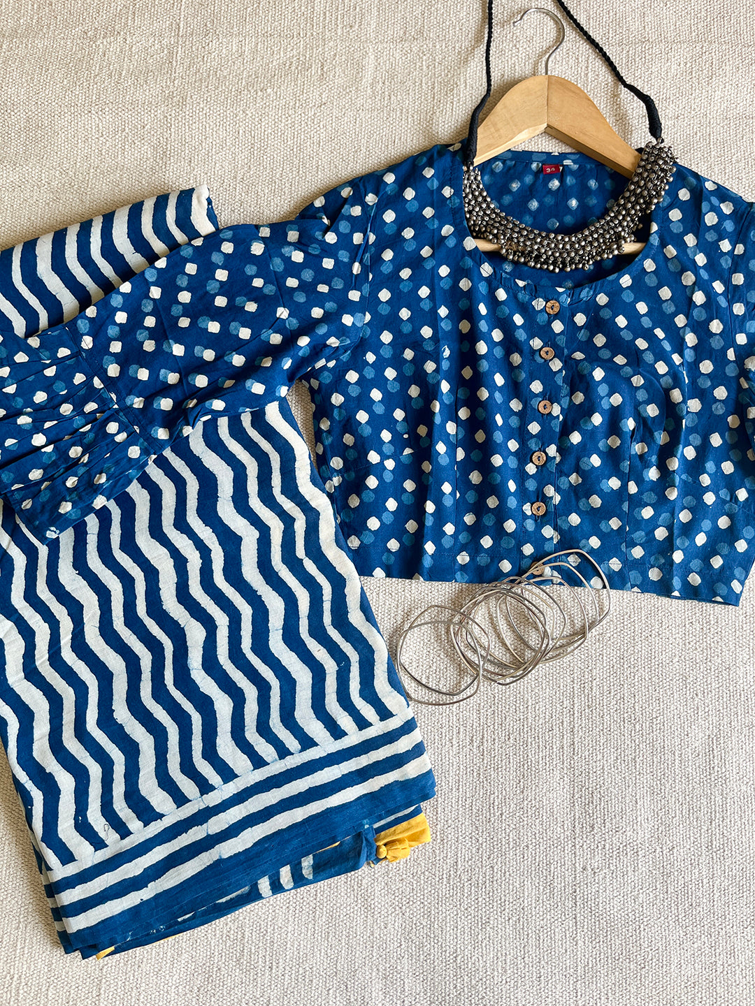 INDIGO & WHITE HAND-BLOCK PRINTED COTTON BLOUSE